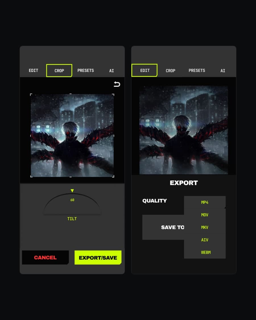 UNCUT's crop screen beside the export panel.