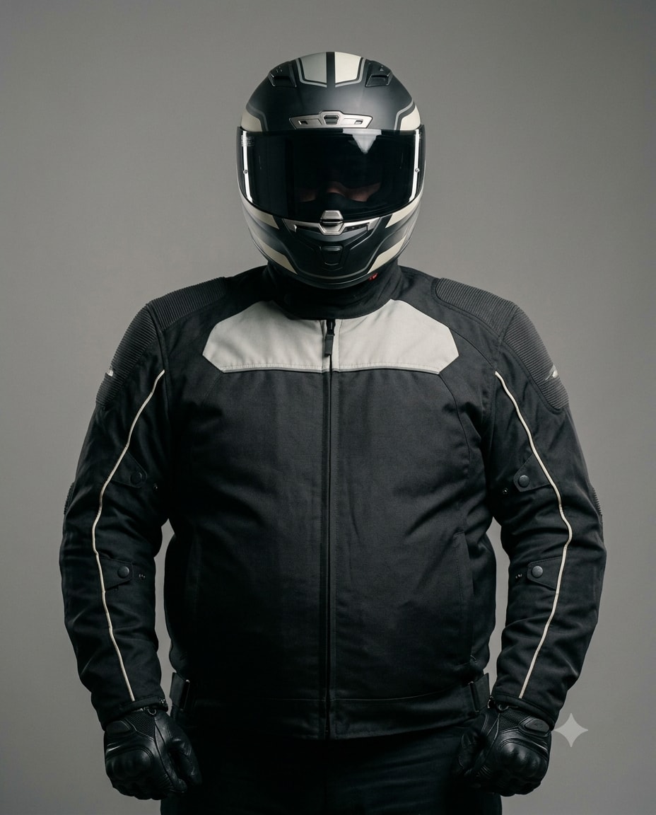 A motorcyclist in a black textile jacket and gloves, wearing a full-face helmet with the visor down.