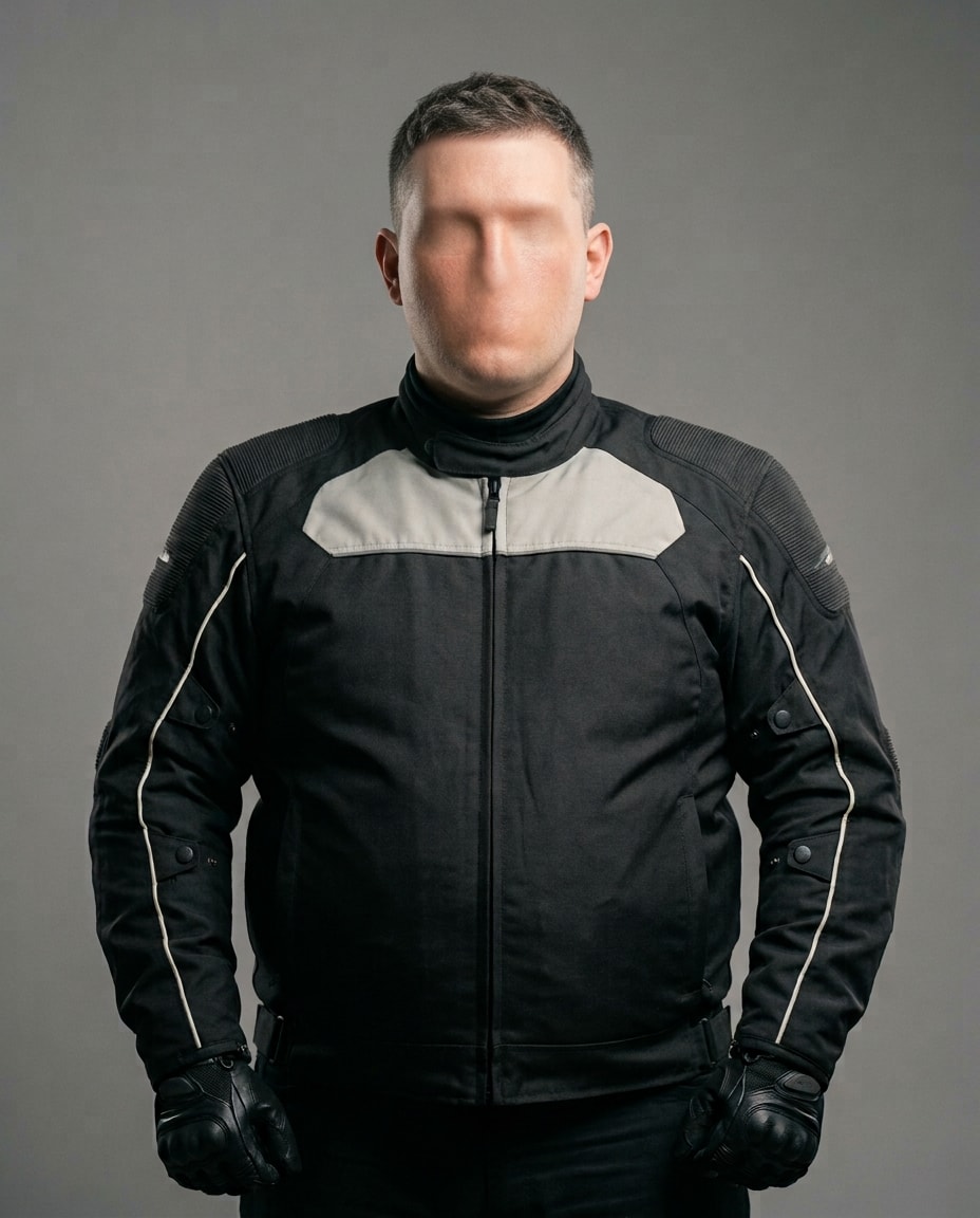 The same motorcyclist with the helmet removed.
